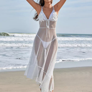 Erotic Sheer Cover Up Beach Midi Dress With Flower And Irregular Hem