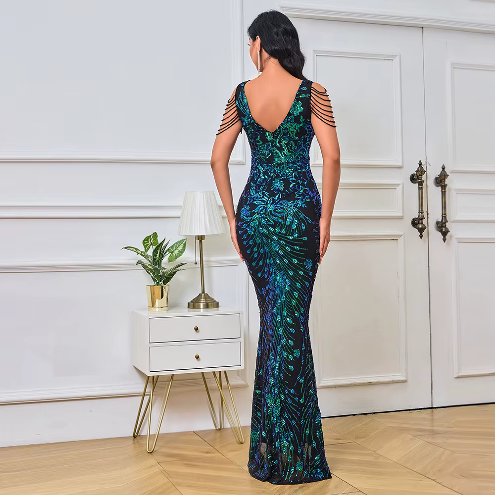 Exquisite V-Neck Flower Pattern Mermaid Beads Evening Long Maxi Dresses - Image 6