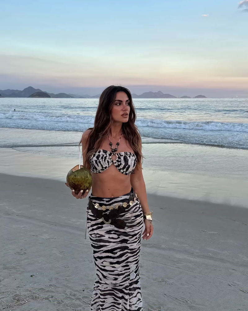 Fashion Printed Bead Chail Halter Bikini And Skirt Three-piece Beachwear Outfit - Image 3