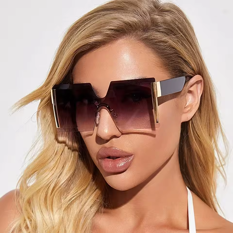 Fashion Oversized Designer Flat Top Big One Piece Travel Square Rimless Sunglasses