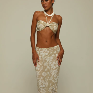 Fashion Floral Bead Chail Halter Bikini And Skirt Three-piece Beachwear Outfit