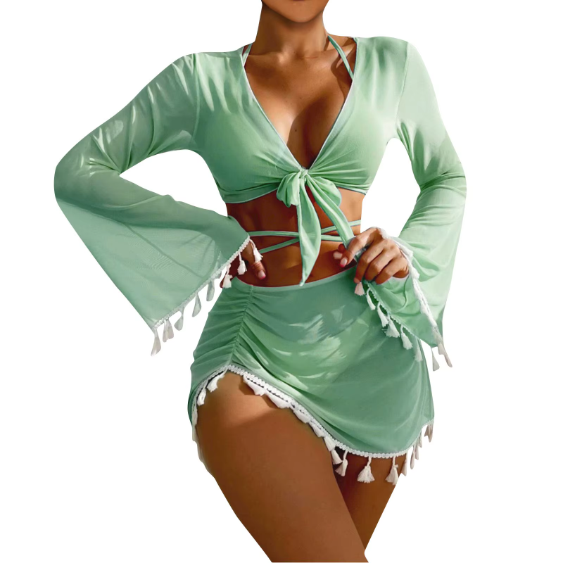 Fashion Slim Fitting Beach Swimwear Strap High Waist Pleated Cover-up Four-Piece Set - Image 4