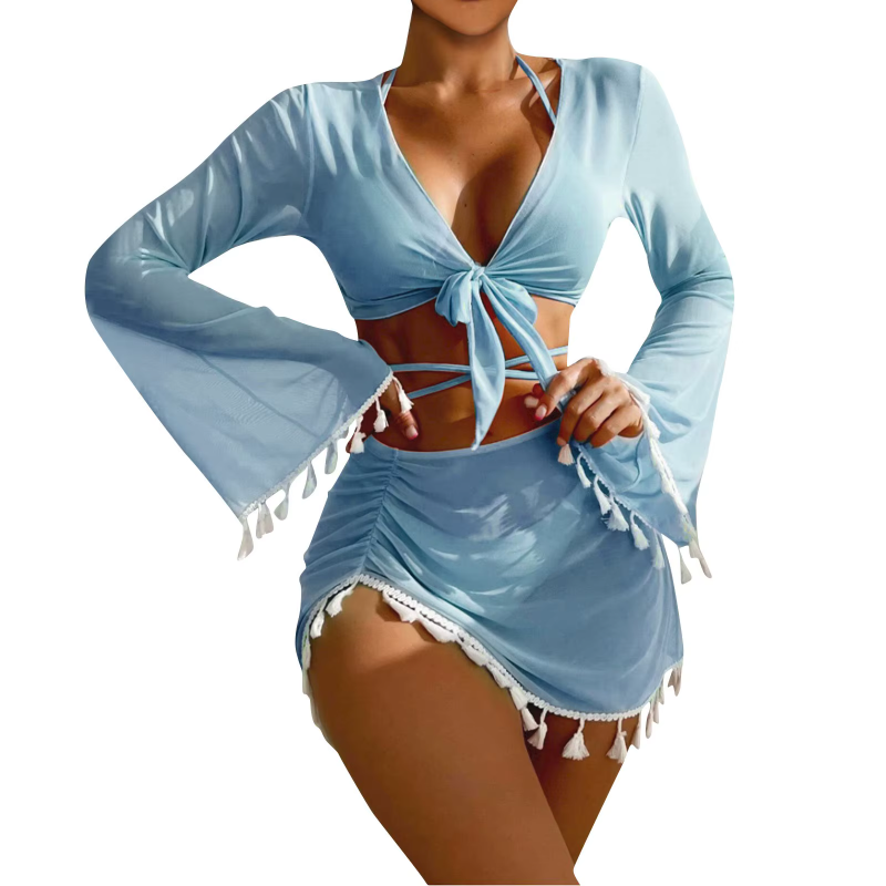 Fashion Slim Fitting Beach Swimwear Strap High Waist Pleated Cover-up Four-Piece Set - Image 3