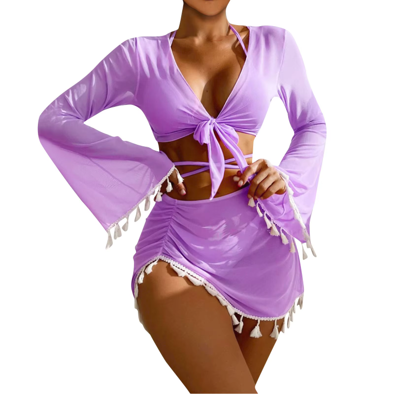 Fashion Slim Fitting Beach Swimwear Strap High Waist Pleated Cover-up Four-Piece Set - Image 5