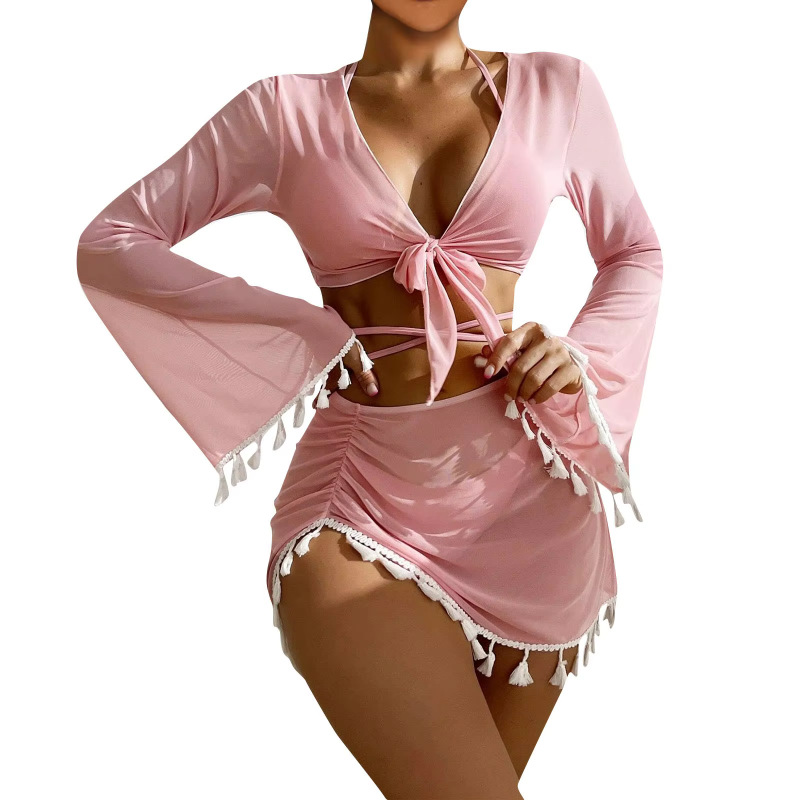 Fashion Slim Fitting Beach Swimwear Strap High Waist Pleated Cover-up Four-Piece Set - Image 6