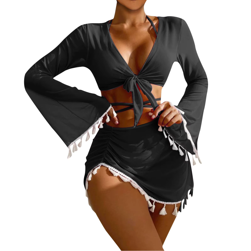 Fashion Slim Fitting Beach Swimwear Strap High Waist Pleated Cover-up Four-Piece Set