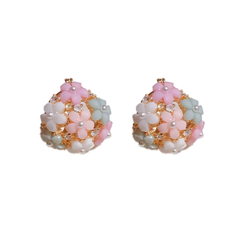 Fashionable Zircon Pearl Flower Basket Ear Buckle Sweet Rhinestone Petal Flower Earrings - Image 5