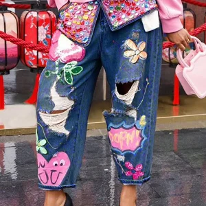 Floral Embroidery Diamonds Beaded Holes High Waist Loose Denim Pants