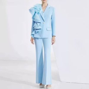 Formal Solid Slimming Spliced Lapel Long Sleeves Patchwork Fold Blazer Pant 2 Piece Set