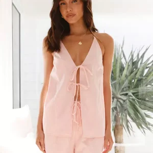 Casual Front Tie Open Back Vest And Short 2-Piece Set
