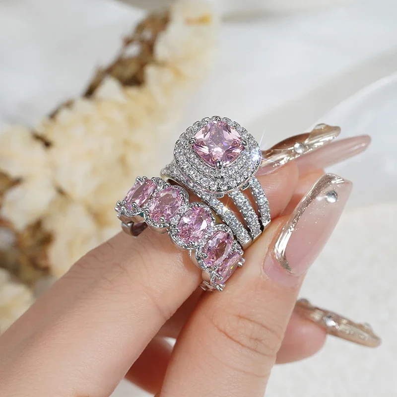 Gorgeous Brilliant Zirconia Engagement Party High-quality Finger 2Pcs Set of Rings - Image 14