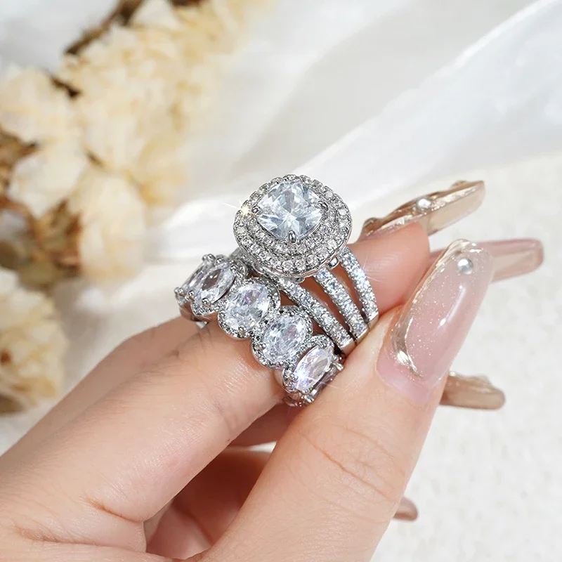 Gorgeous Brilliant Zirconia Engagement Party High-quality Finger 2Pcs Set of Rings - Image 4