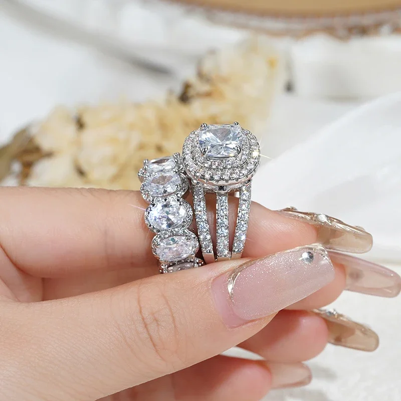 Gorgeous Brilliant Zirconia Engagement Party High-quality Finger 2Pcs Set of Rings - Image 3