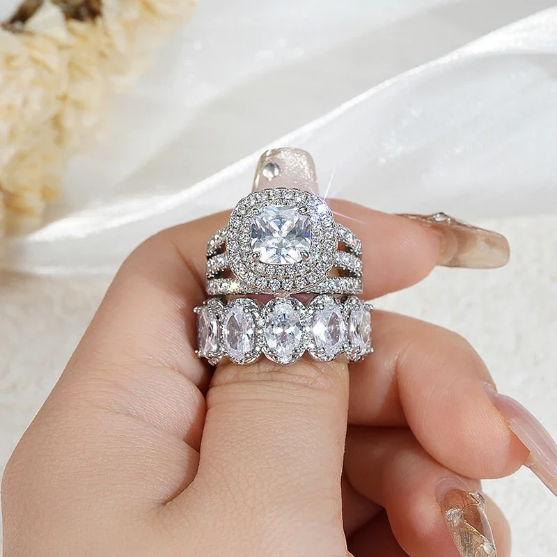 Gorgeous Brilliant Zirconia Engagement Party High-quality Finger 2Pcs Set of Rings - Image 2