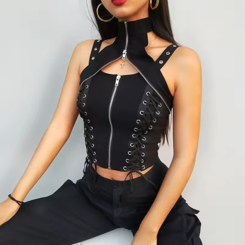 Halter Gothic Corset Vest High Waist Bandage Hollow Out Crop Top - Image 6
