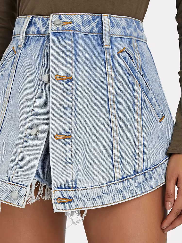 High Waist Patchwork Single Breasted Solid Slimming Denim Short Streetwear - Image 2