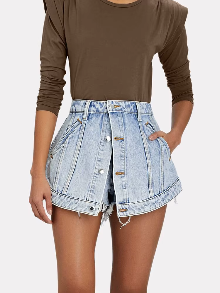 High Waist Patchwork Single Breasted Solid Slimming Denim Short Streetwear