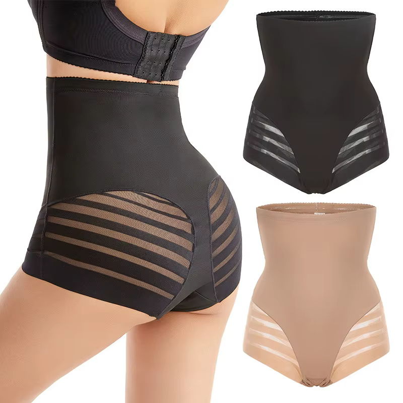 High Waist Shapers Seamless Slimming Tummy Underwear Striped Mesh Shaperwear Panties - Image 2