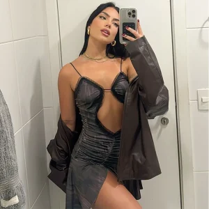 Hollow Out Sleeveless V Neck Ruched Ruffles Backless Bodycon Mini Dress