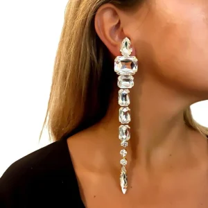 Large Crystal Geometric Shiny Rhinestone Bridal Tassel Square Long Dangle Earrings
