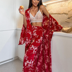 Loose Printing V-Neck Sleepwear Long Sleeve Wide Leg Pants Casual Pajamas Set