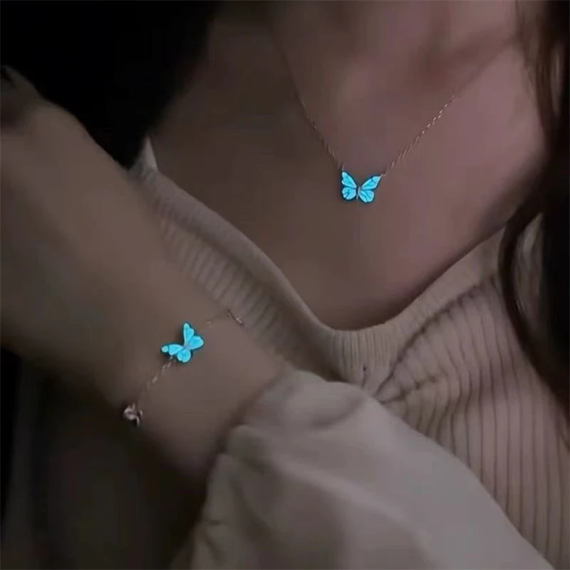 Luminous Butterfly Glow in the Dark Clavicle Chain Party Necklace Bracelet Set