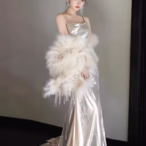 Luxury Chic Satin Spaghetti Strap Square Collar Faux Fur Cape Dresses