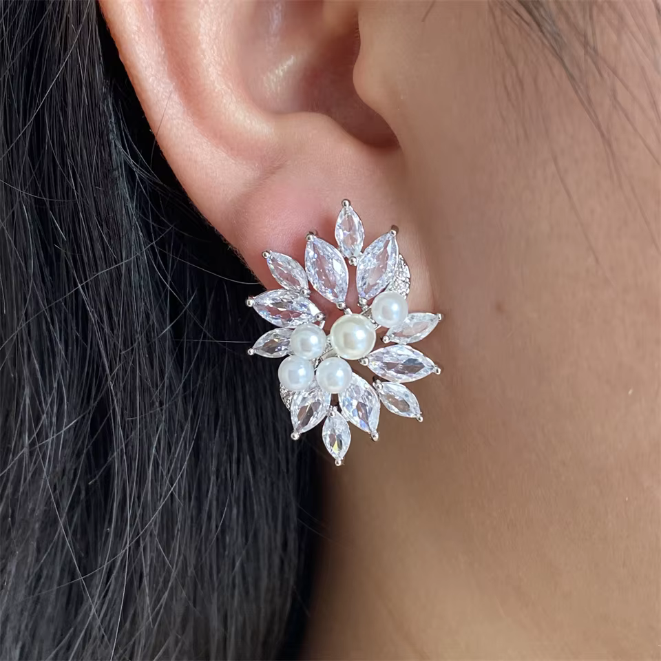 Crystal Cubic Zircon Delicate Flower Handmade Wedding Bridal Earring