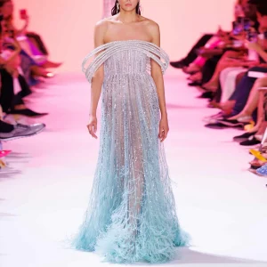 Luxury Feathers Off Shoulder Turquoise Wedding Prom Evening Maxi Dress