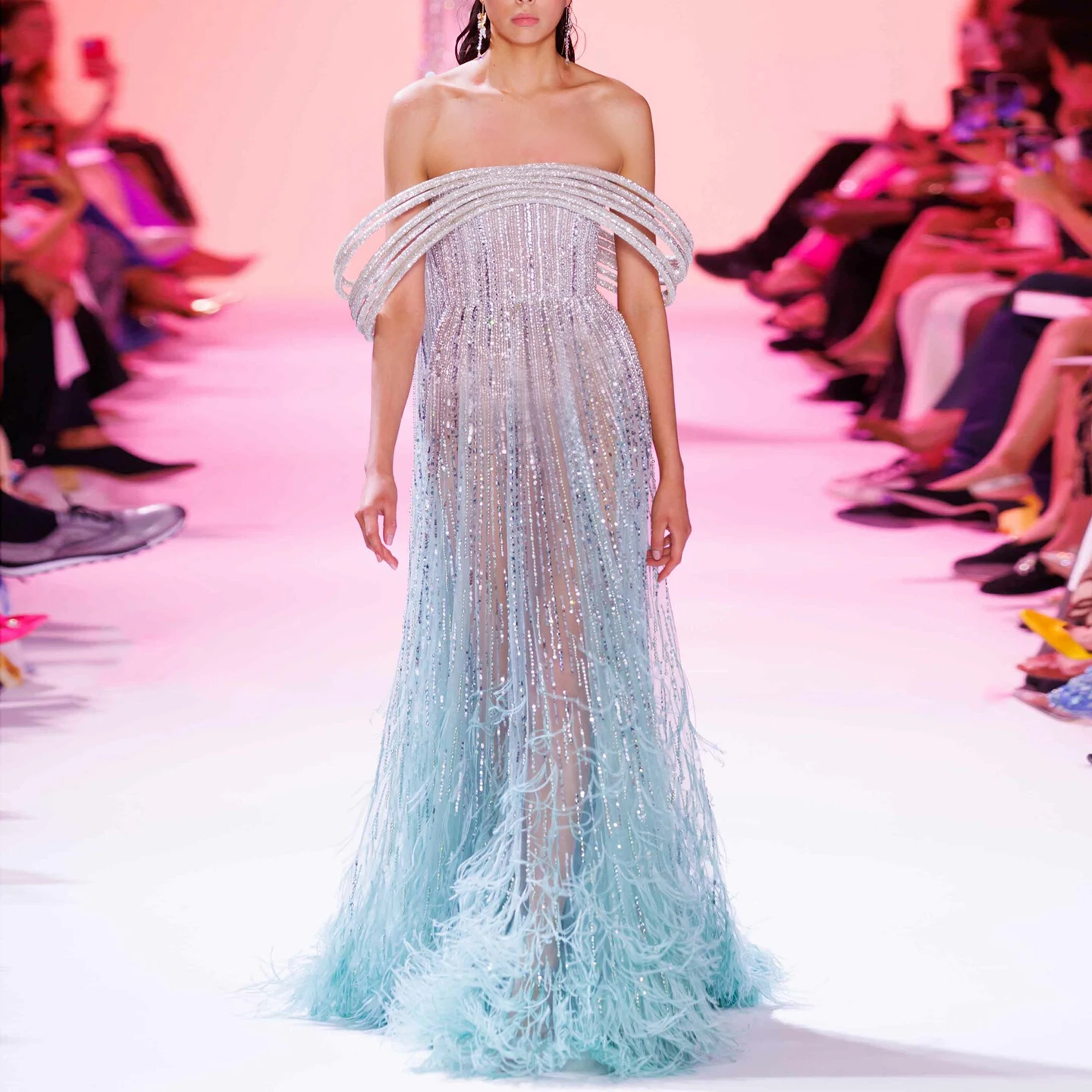 Luxury Feathers Off Shoulder Turquoise Wedding Prom Evening Maxi Dress