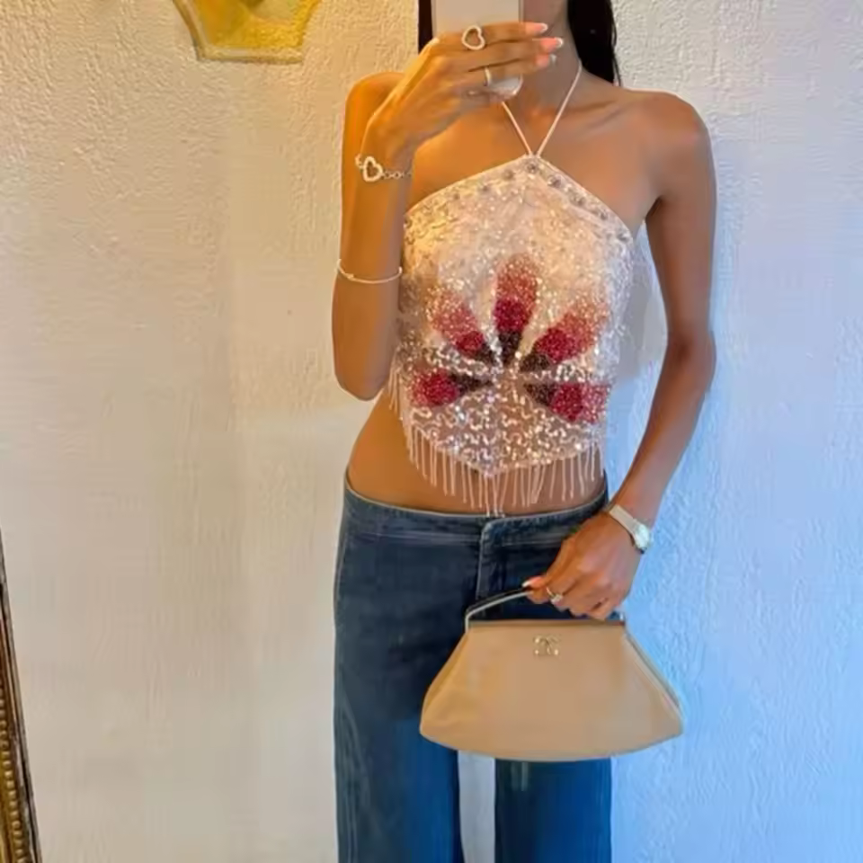 Luxury Lace-up Halter Neck Tie-up Sleeveless Backless Sequin Tassels Top