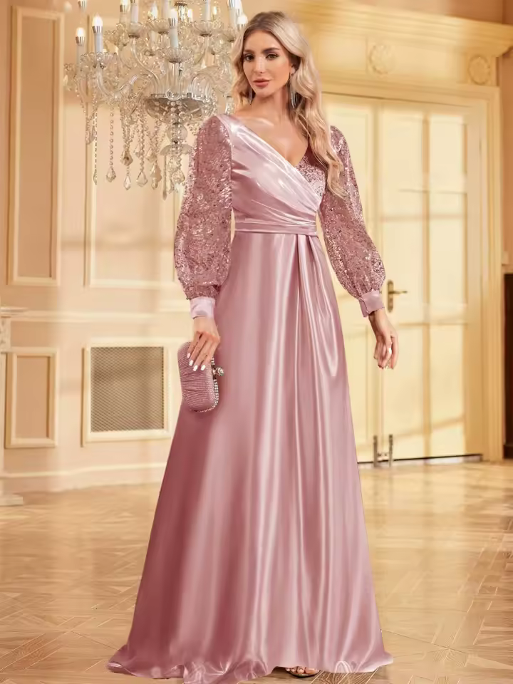 Luxury Long Sleeve A-LINE Cocktail V-Neck Sequin Formal Evening Maxi Dress