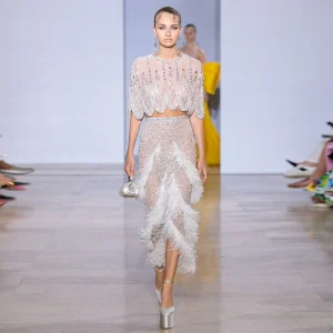 Luxury O-Neck Sleeveless Polyester Feathers Evening Dress Two Pieces Set