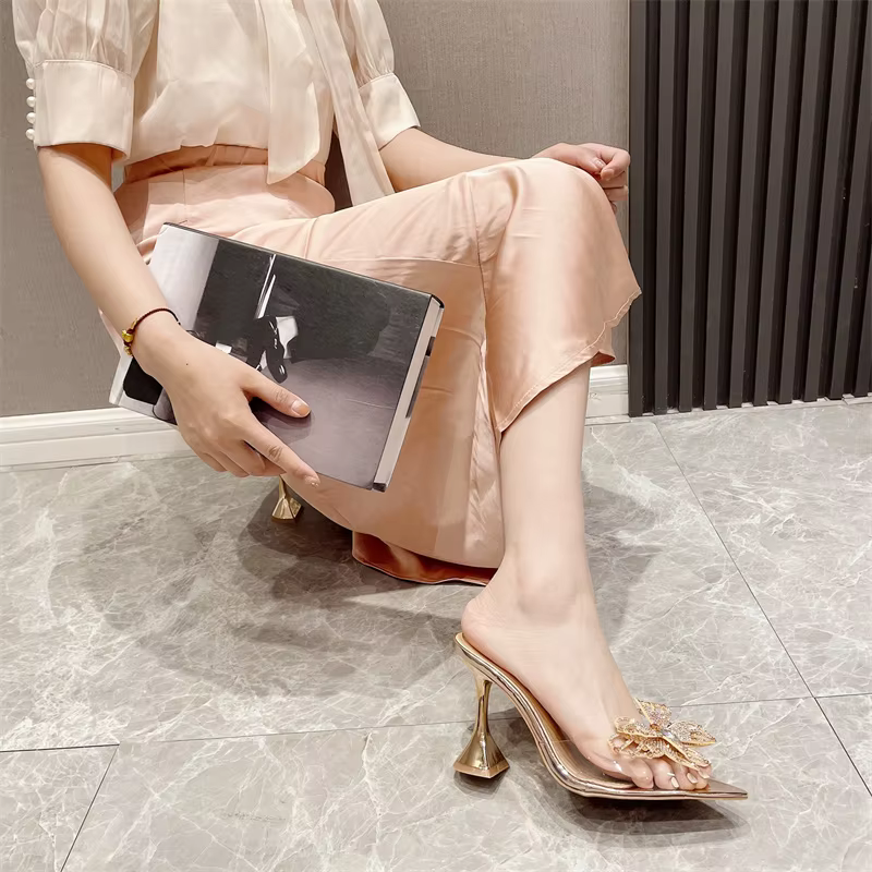 Luxury PVC Transparent Rhinestone Pointed Toe Clear Bowknot Slippers