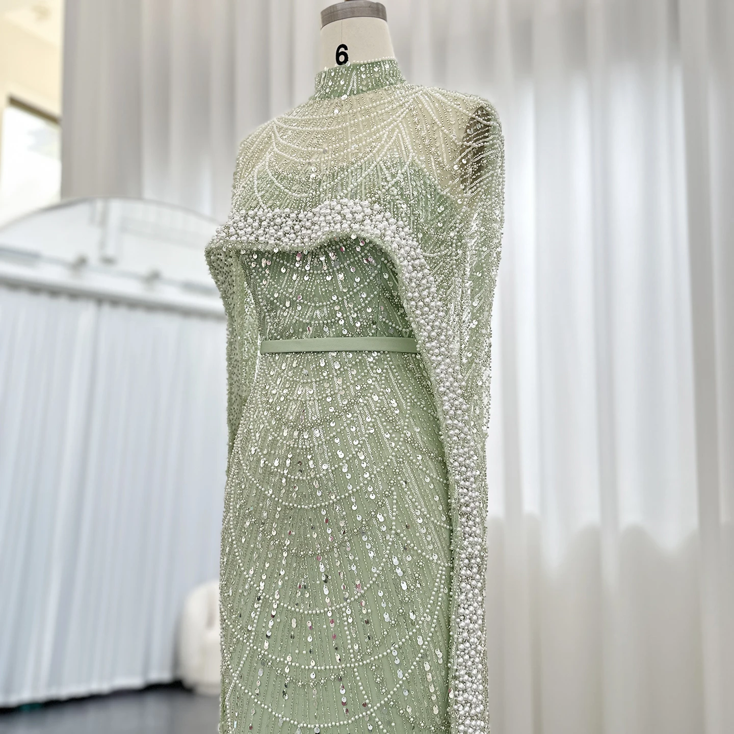 Luxury Pearls with Cape Sleeveless Crystal Sequined Mermaid Wedding Party Evening Maxi Dresses - Image 21