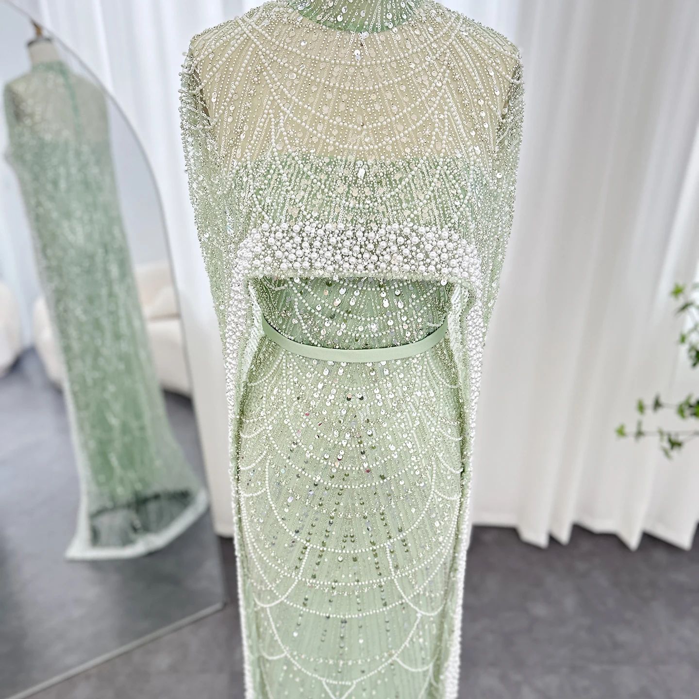 Luxury Pearls with Cape Sleeveless Crystal Sequined Mermaid Wedding Party Evening Maxi Dresses - Image 42