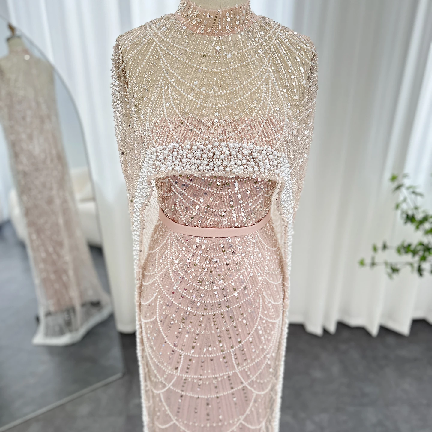 Luxury Pearls with Cape Sleeveless Crystal Sequined Mermaid Wedding Party Evening Maxi Dresses - Image 51