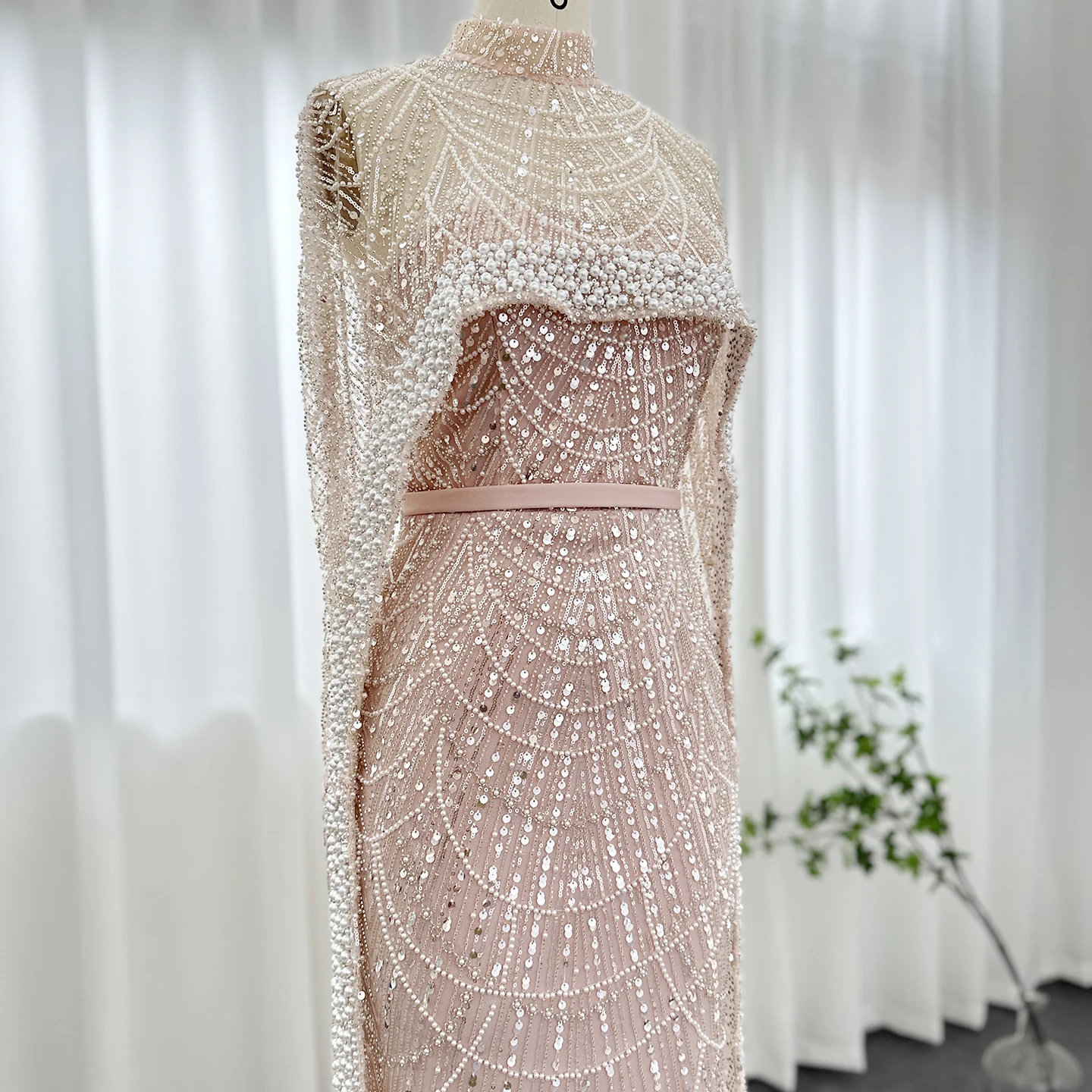 Luxury Pearls with Cape Sleeveless Crystal Sequined Mermaid Wedding Party Evening Maxi Dresses - Image 52