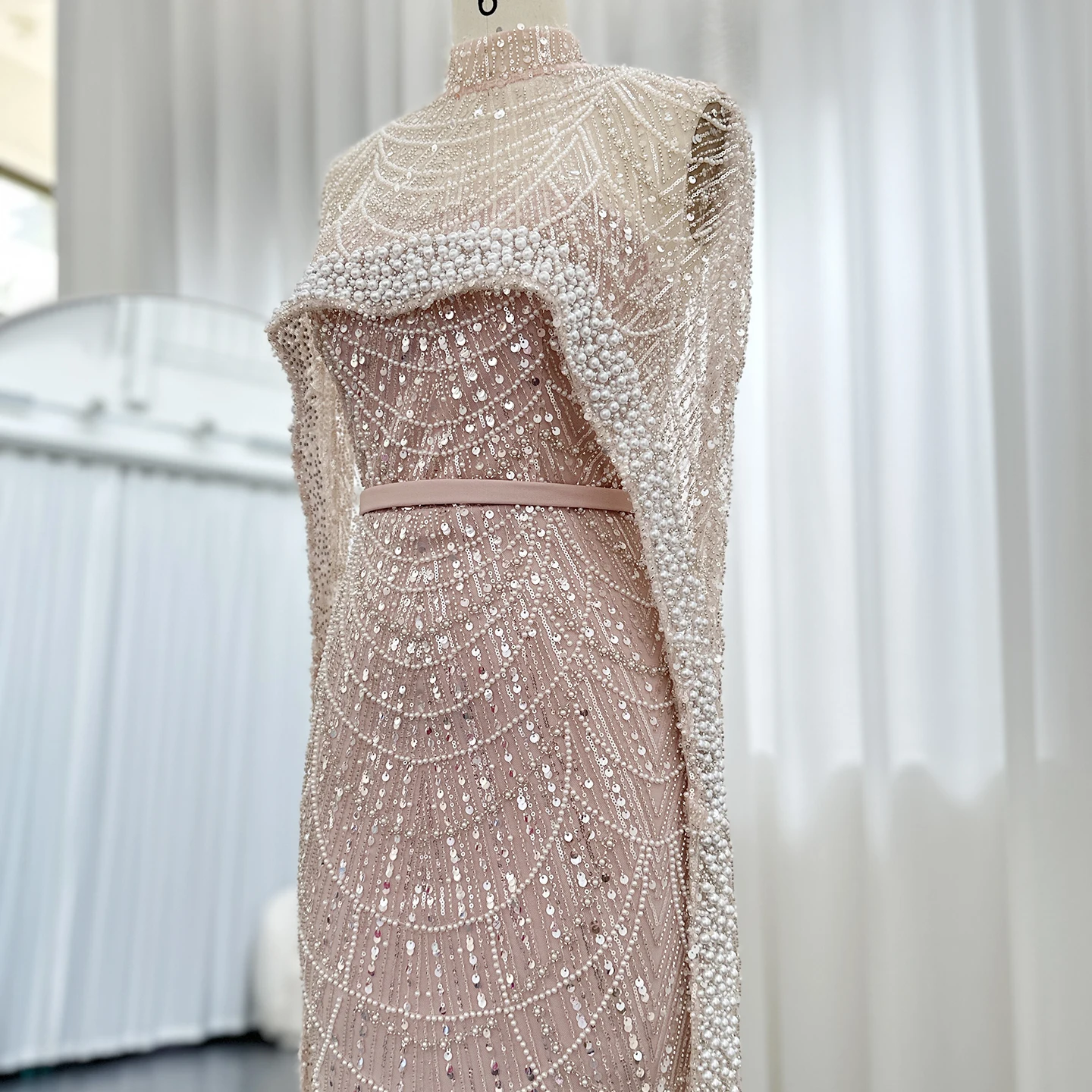 Luxury Pearls with Cape Sleeveless Crystal Sequined Mermaid Wedding Party Evening Maxi Dresses - Image 53