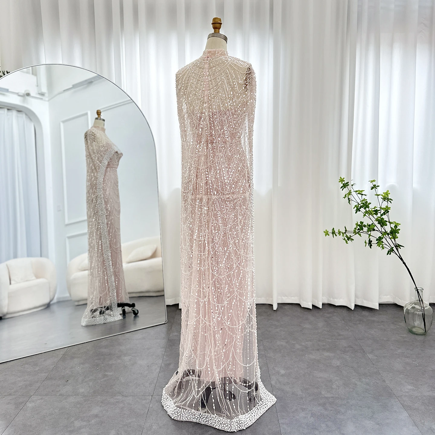 Luxury Pearls with Cape Sleeveless Crystal Sequined Mermaid Wedding Party Evening Maxi Dresses - Image 57