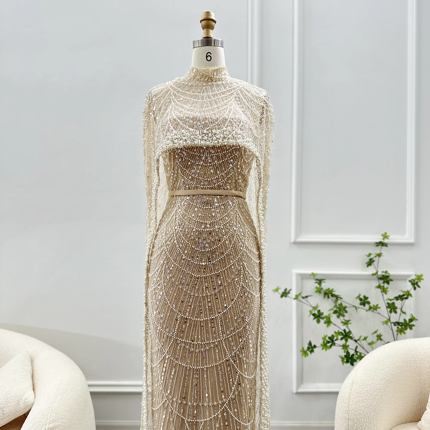 Luxury Pearls with Cape Sleeveless Crystal Sequined Mermaid Wedding Party Evening Maxi Dresses - Image 4
