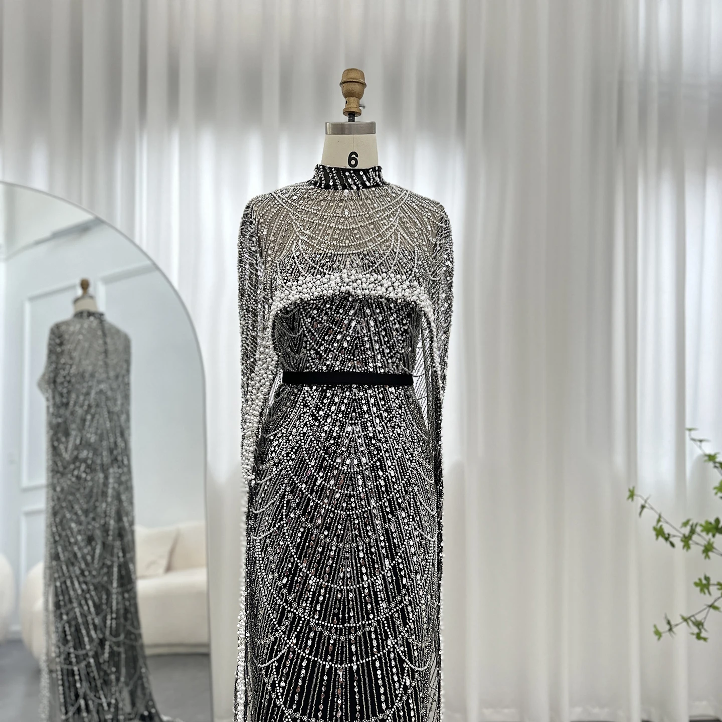 Luxury Pearls with Cape Sleeveless Crystal Sequined Mermaid Wedding Party Evening Maxi Dresses - Image 58