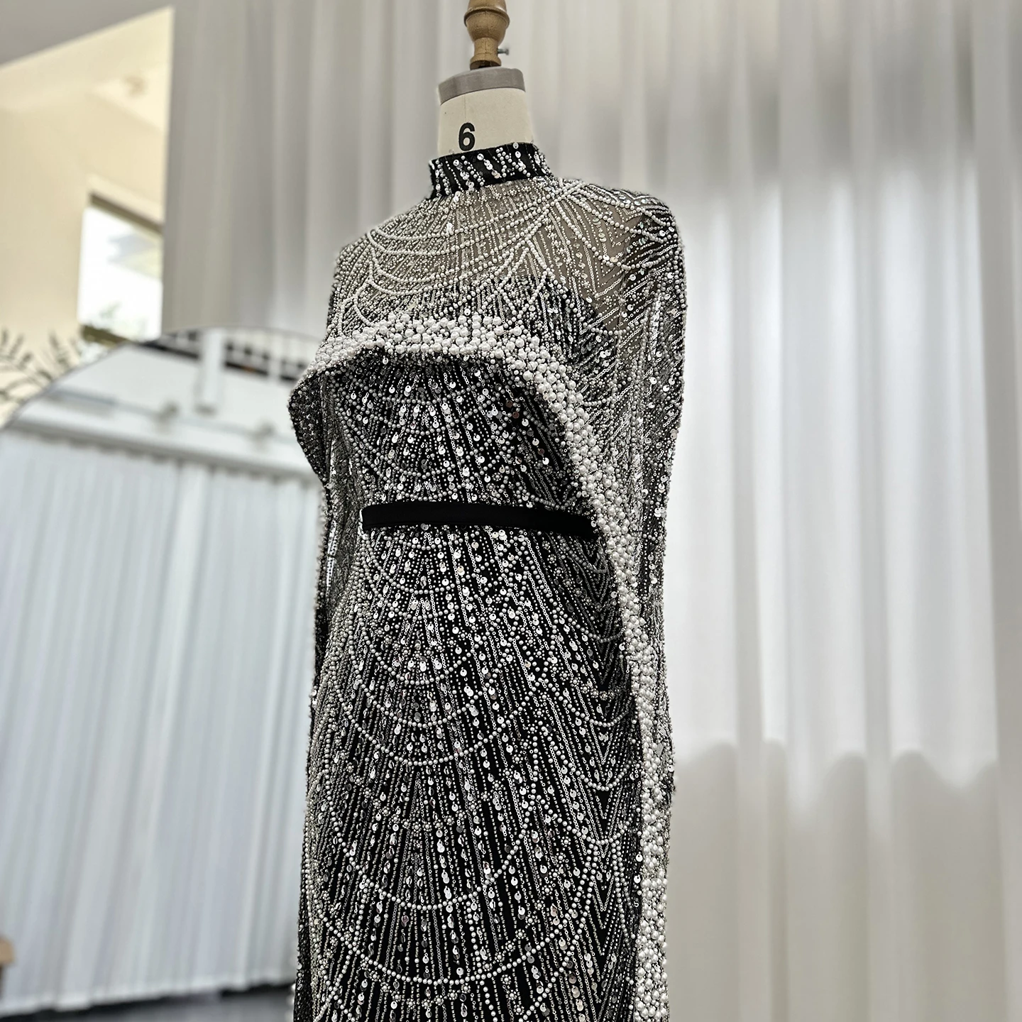 Luxury Pearls with Cape Sleeveless Crystal Sequined Mermaid Wedding Party Evening Maxi Dresses - Image 62