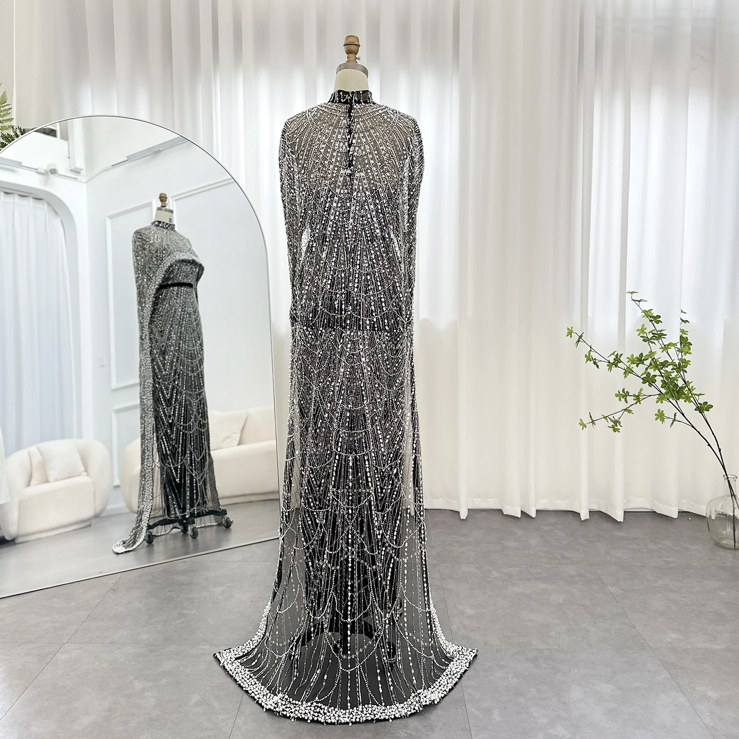 Luxury Pearls with Cape Sleeveless Crystal Sequined Mermaid Wedding Party Evening Maxi Dresses - Image 63