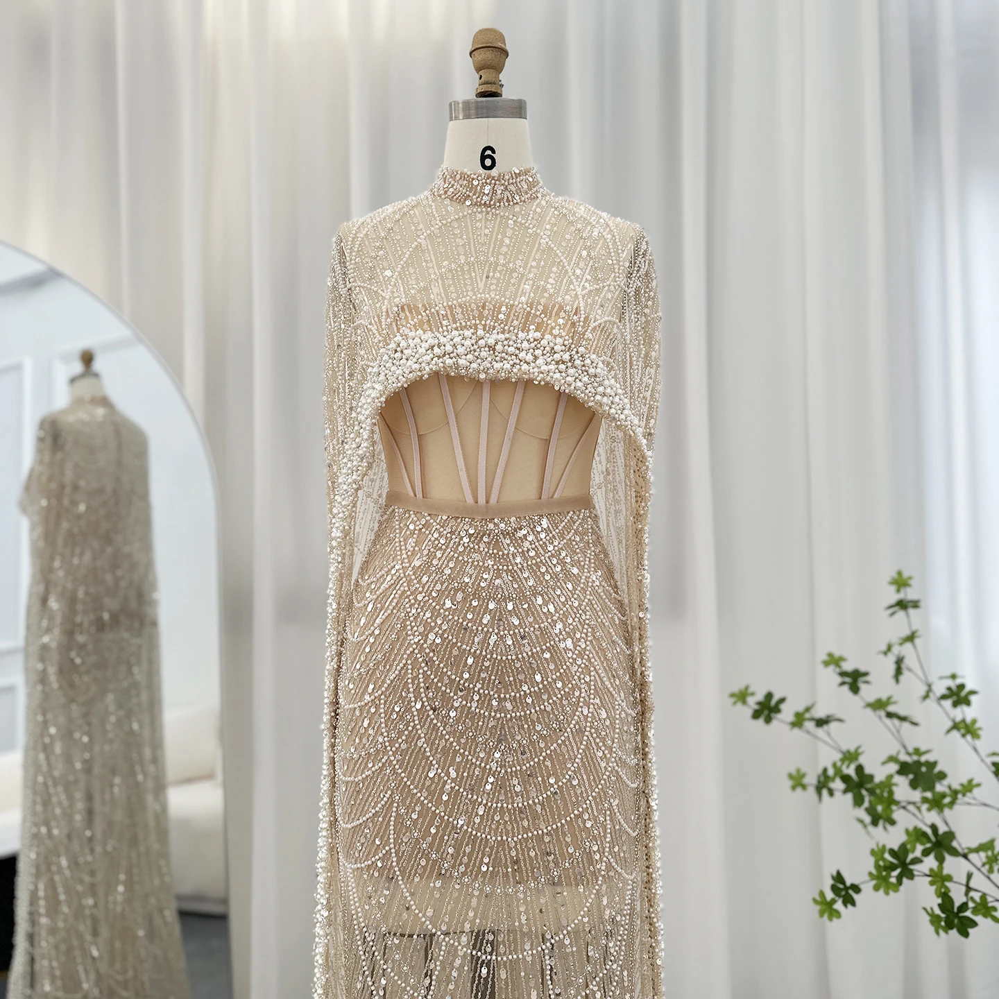 Luxury Pearls with Cape Sleeveless Crystal Sequined Mermaid Wedding Party Evening Maxi Dresses - Image 65