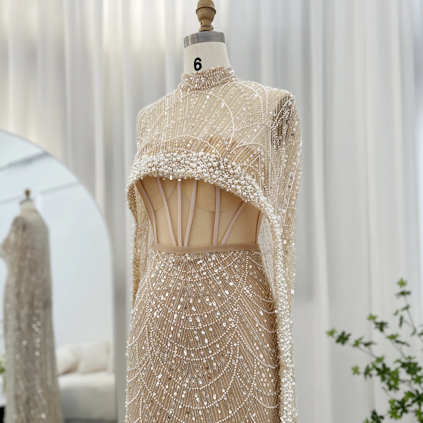 Luxury Pearls with Cape Sleeveless Crystal Sequined Mermaid Wedding Party Evening Maxi Dresses - Image 66