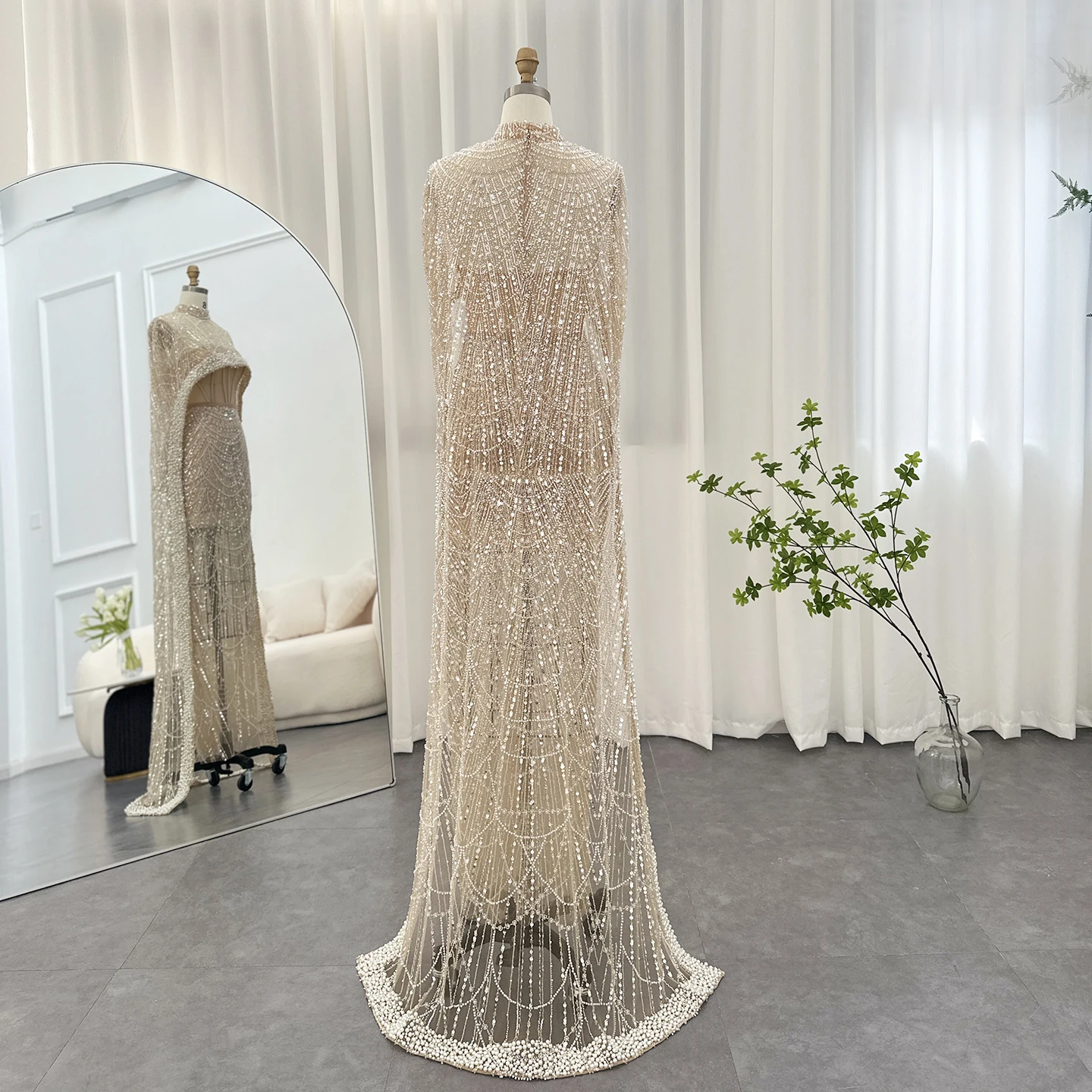 Luxury Pearls with Cape Sleeveless Crystal Sequined Mermaid Wedding Party Evening Maxi Dresses - Image 68