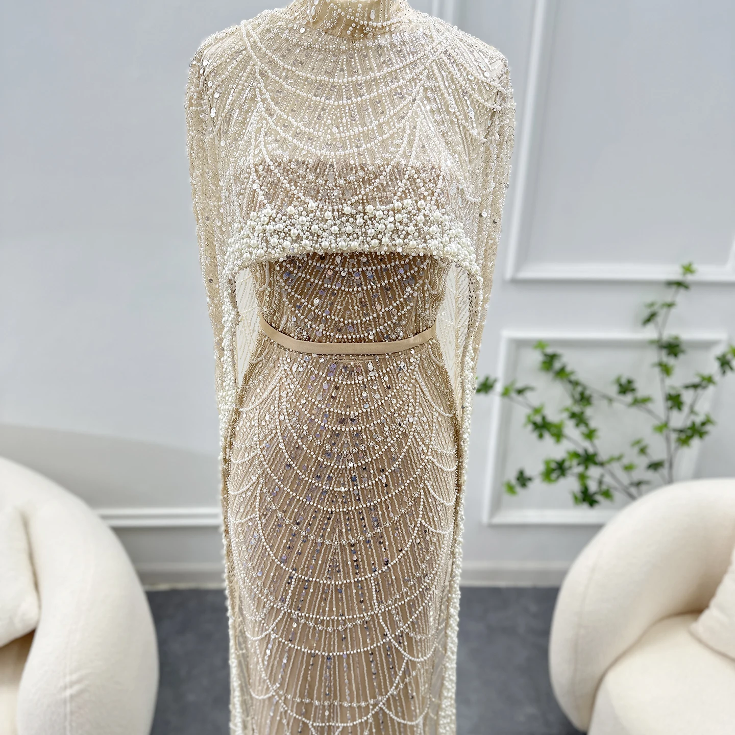 Luxury Pearls with Cape Sleeveless Crystal Sequined Mermaid Wedding Party Evening Maxi Dresses - Image 5