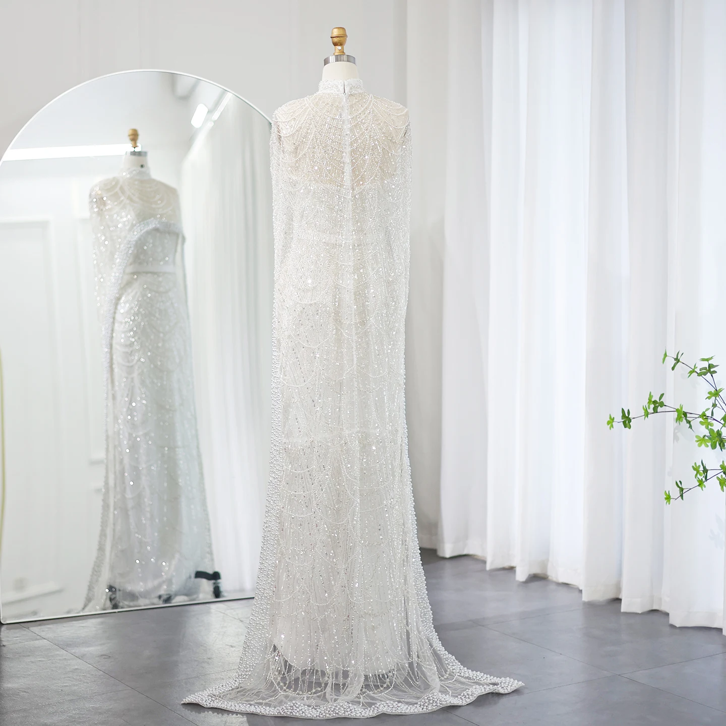 Luxury Pearls with Cape Sleeveless Crystal Sequined Mermaid Wedding Party Evening Maxi Dresses - Image 7