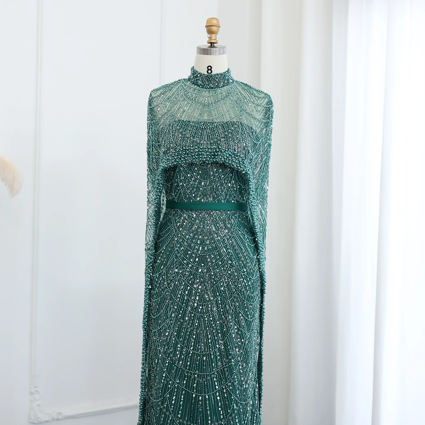 Luxury Pearls with Cape Sleeveless Crystal Sequined Mermaid Wedding Party Evening Maxi Dresses - Image 16